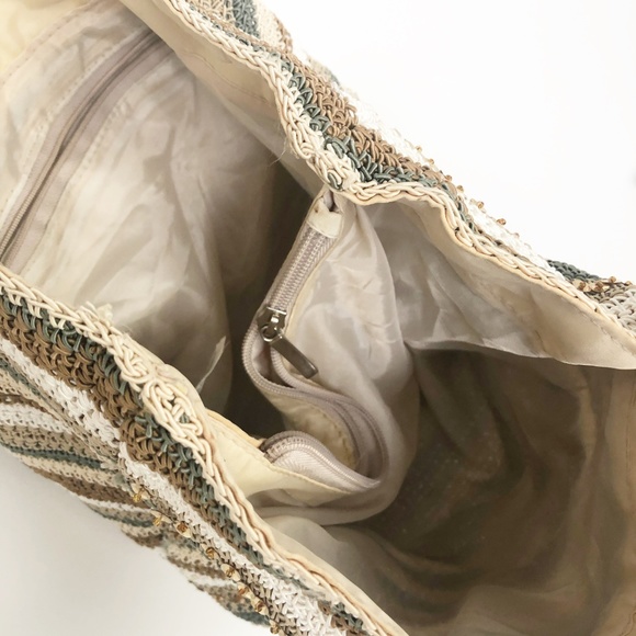 Boho Tan White Green Striped Sequin Hobo Woven Bag - Picture 2 of 8